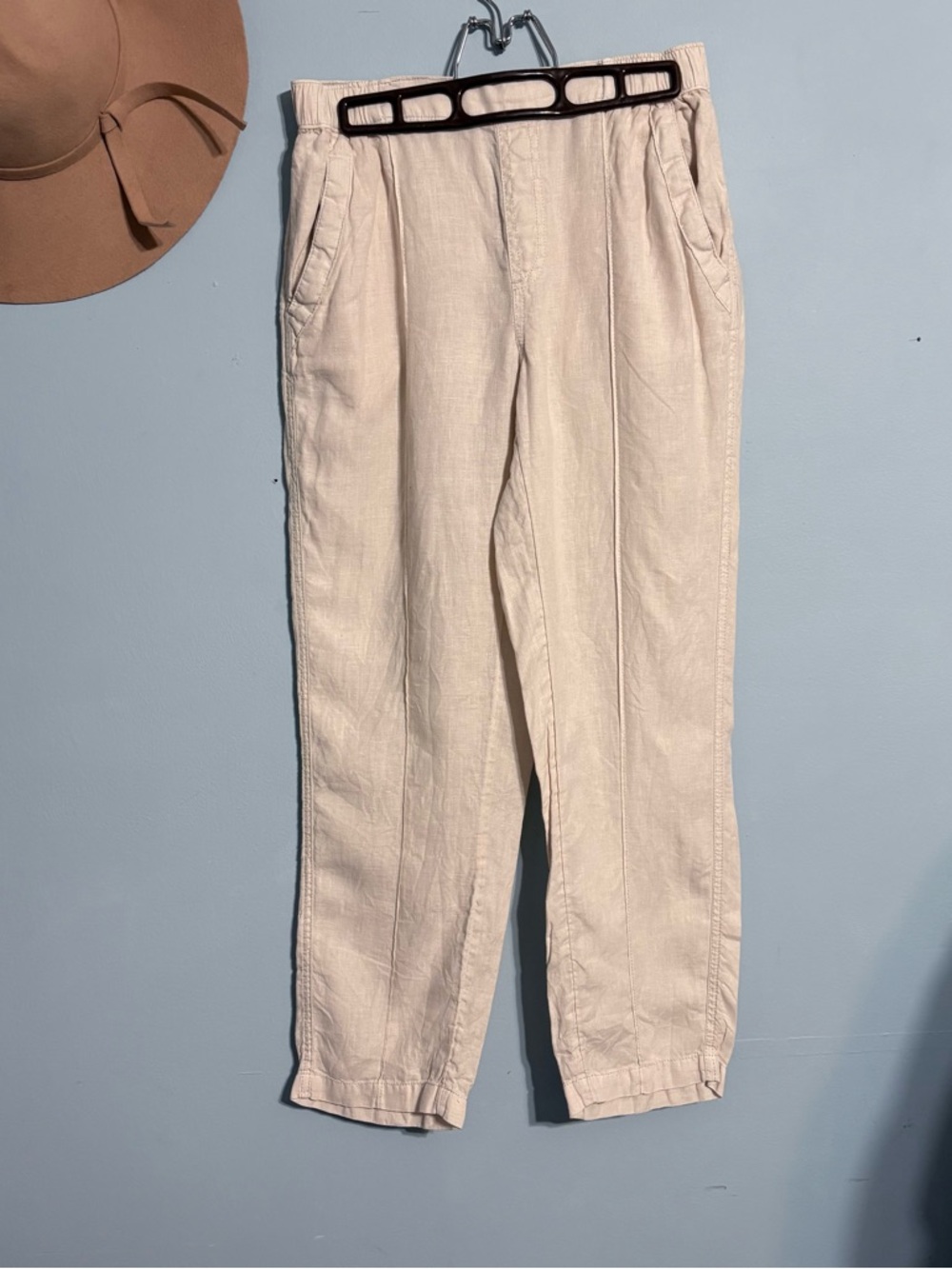 Nicole Miller Small Cream Linen utility Pull-On Pants with Back Patch Pockets - Picture 2 of 4